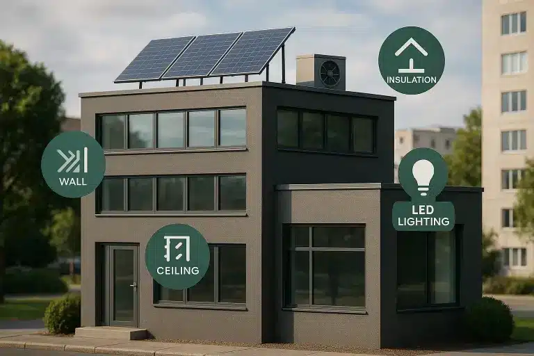 Modern bedrijfsgebouw met zonnepanelen, isolatie-iconen en LED-verlichting, ter illustratie van verduurzamingsmaatregelen binnen het zakelijke energieadvies van GPB Energieadviseur.
