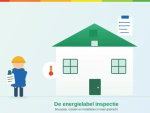 Illustratie van een energieadviseur met helm en klembord bij een woning, met symbolen voor isolatiecontrole en documentatie tijdens de energielabel inspectie.