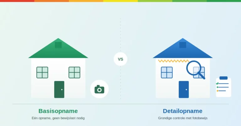 Illustratie met twee huizen die het verschil laten zien tussen een basisopname (foto van de woning) en een detailopname (gevelcontrole met vergrootglas en checklist voor fotobewijs) bij het aanvragen van een energielabel.