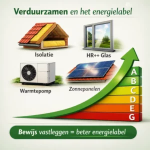 Hybride infographic met fotorealistische iconen van isolatie, HR++ glas, warmtepomp en zonnepanelen, gecombineerd met een energielabel‑grafiek met stijgende groene pijl.