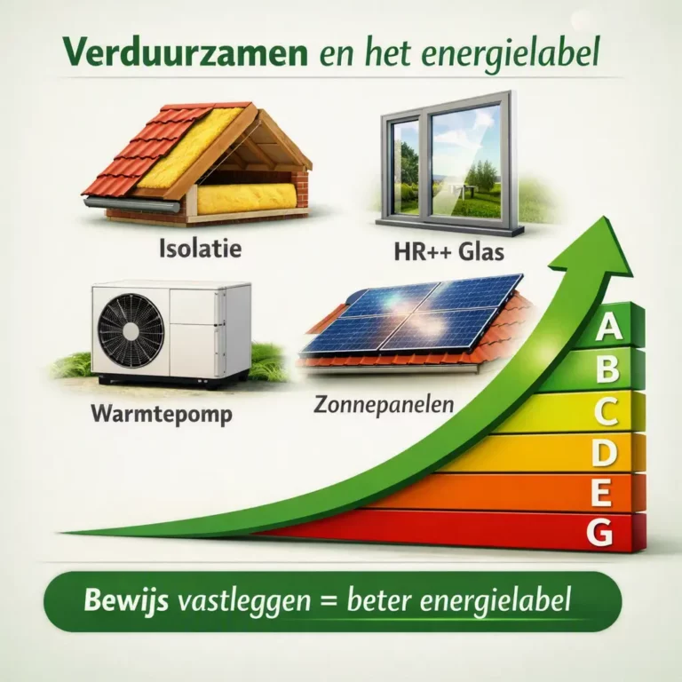 Hybride infographic met fotorealistische iconen van isolatie, HR++ glas, warmtepomp en zonnepanelen, gecombineerd met een energielabel‑grafiek met stijgende groene pijl.
