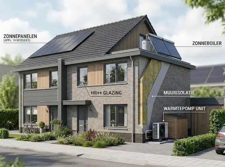 Woning met duurzame verbeteringen: zonnepanelen, HR++ glazing, muurisolatie, warmtepomp en zonneboiler
