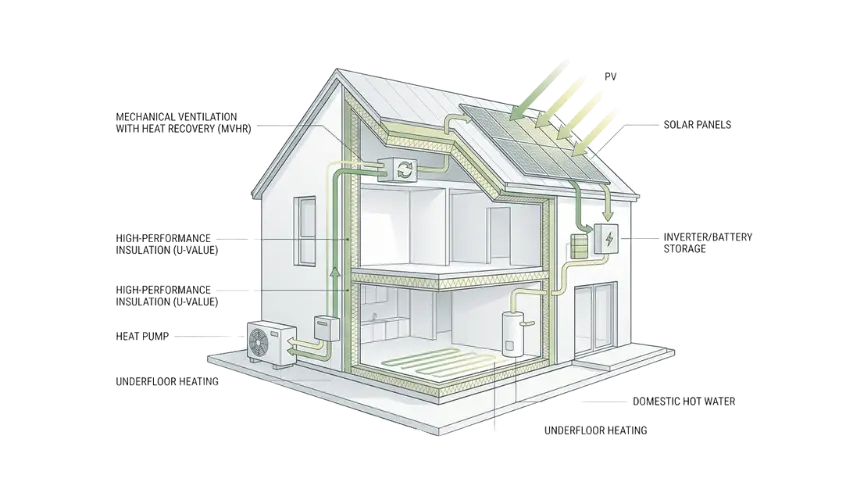 Illustratie energieanalyse woning met isolatie, zonnepanelen en duurzame installaties
